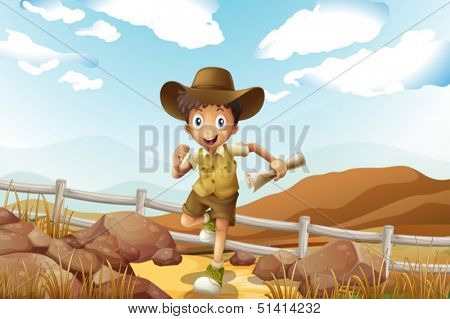 Illustration of a young explorer running with a map in his hand