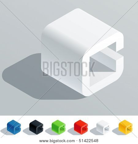 Vector illustration of solid colored letter in isometric view. Cube styled monospace characters. Symbol C