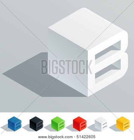 Vector illustration of solid colored letter in isometric view. Cube styled monospace characters. Symbol B