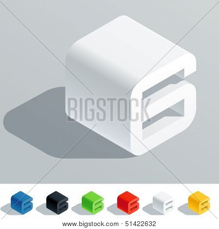 Vector illustration of solid colored letter in isometric view. Cube styled monospace characters. Symbol 6