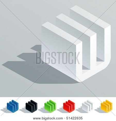 Vector illustration of solid colored letter in isometric view. Cube styled monospace characters. Symbol W