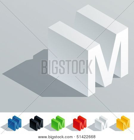 Vector illustration of solid colored letter in isometric view. Cube styled monospace characters. Symbol M