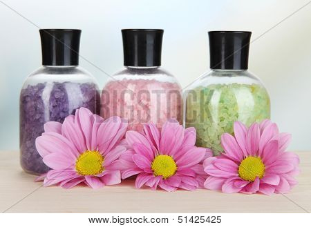 Aromatherapy minerals - colorful bath salt on light background