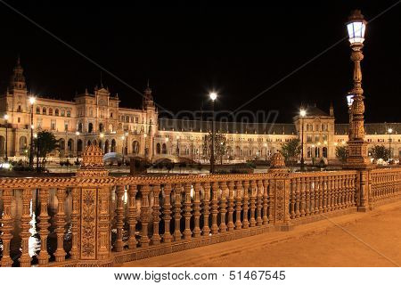 Night at famous Plaza de Espana in Sevilla, side view