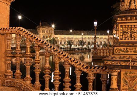 Night at famous Plaza de Espana in Sevilla, side view