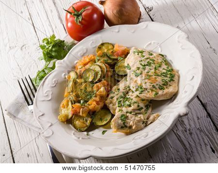 escalope with tomatoes and zucchinis