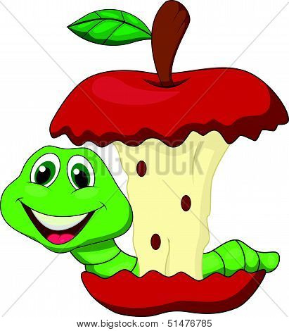 Worm eating red apple cartoon