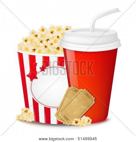 Popcorn In Cardboard Box With Tickets Cinema And Paper Glass With Gradient Mesh, Vector Illustration