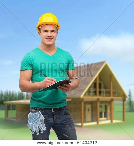 repair, construction and maintenance concept - smiling man in helmet with clipboard