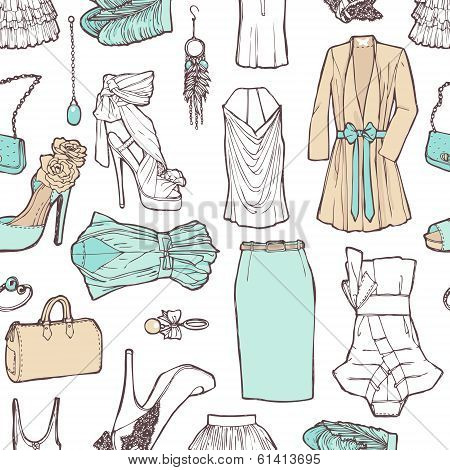 Shopping List In Pictures. Pattern Of Women's Clothing In A Romantic Style For Work And Rest.