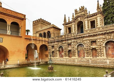 Fountain Statue Mosaics Pavilion Garden Alcazar Royal Palace Seville Spain