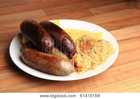 Czech Food - Black And White Pudding With Potatoes And Sauerkraut
