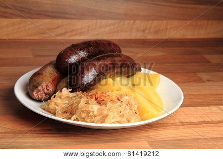 Czech Food - Black And White Pudding With Potatoes And Sauerkraut
