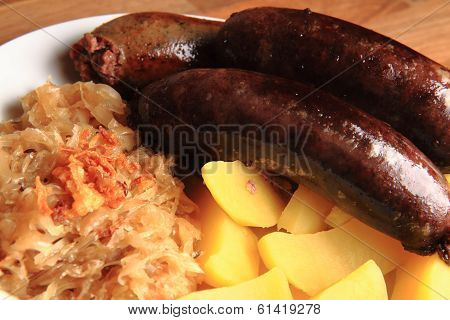 Czech Food - Black And White Pudding With Potatoes And Sauerkraut