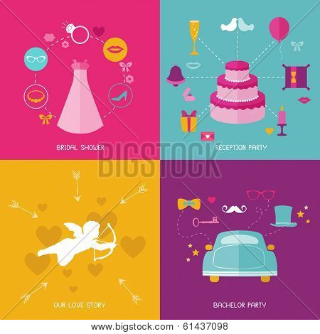 Wedding Party Concept Set -flat icons of wedding dress, ring, car, cake, hearts, cupid, gift - in vector 