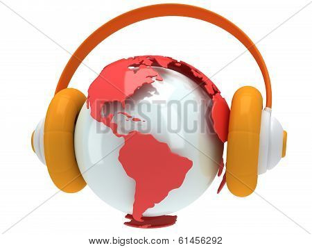 Earth planet globe with headphone. 3D