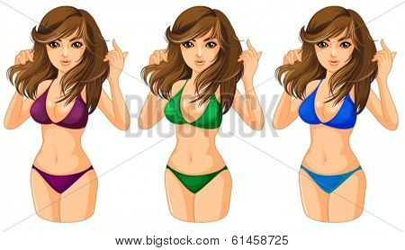 Illustration of the three ladies wearing a swimwear on a white background