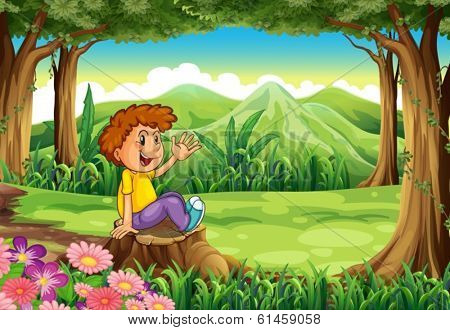 Illustration of a stump with a happy boy