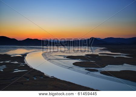 Sunset Of Reeds Field In Suncheon Bay In Korea