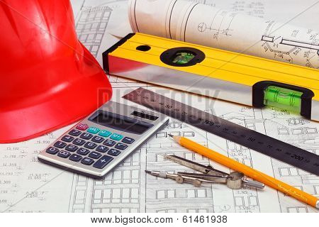 construction drafts and tools on the table