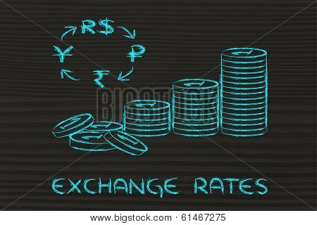 Stack Of Coins And Brics Currency Symbols, Exchange Rates