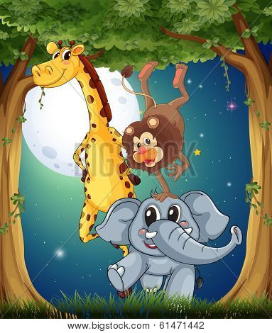 Illustration of the three playful animals in the forest under the bright fullmoon