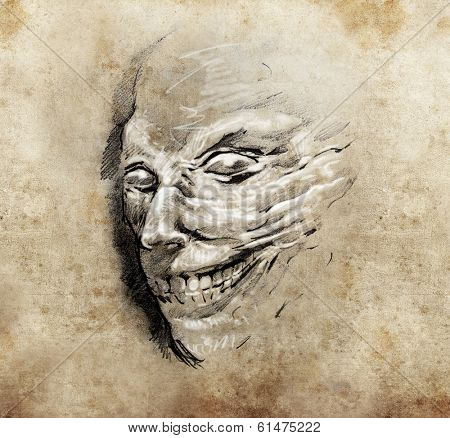 Tattoo art, hadmade sketch over vintage paper