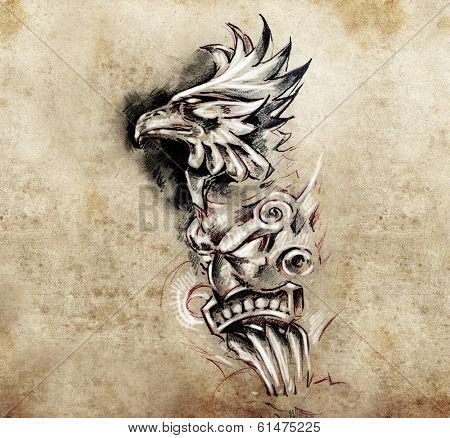 Tattoo art, hadmade sketch over vintage paper