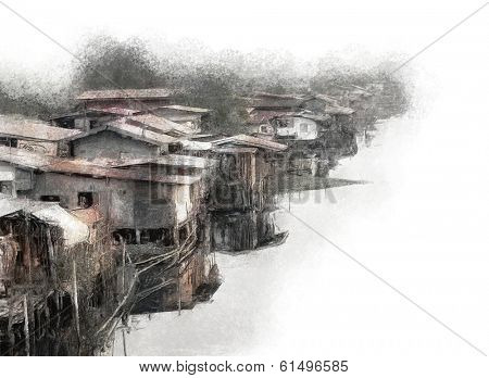 Painting of a canal side slum community in Bangkok