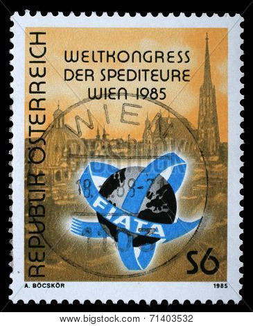 AUSTRIA - CIRCA 1985: a stamp printed in the Austria shows View of Vienna, International Association of Forwarding Agents, World Congress, Vienna, circa 1985
