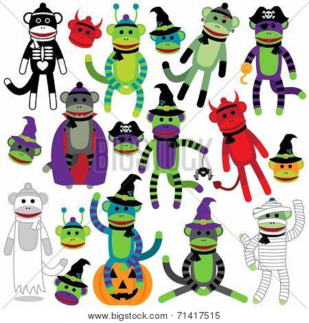 Vector Collection of Adorable Halloween Themed Sock Monkeys