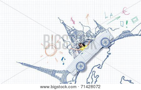 Young woman riding car made of list of paper