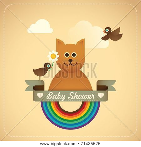 Baby shower illustration with comic cat. Vector illustration.