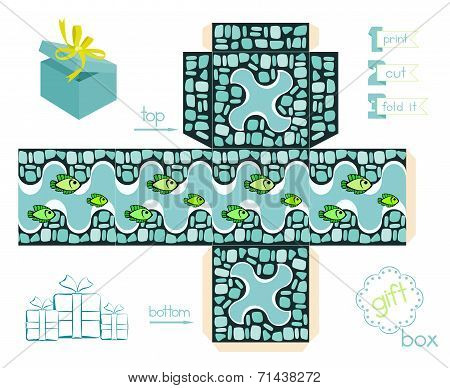 Printable Gift Box With Mosaic Pattern And Fishes