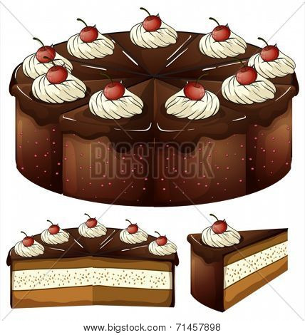 Illustration of a mouthwatering chocolate cake on a white background