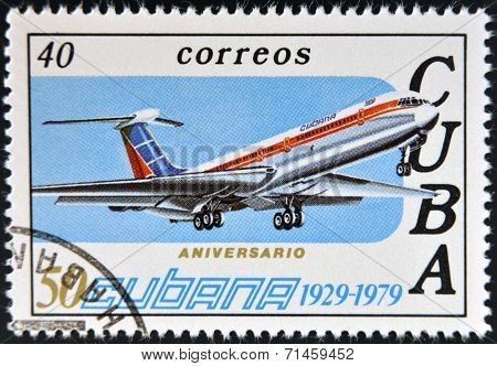 CUBA - CIRCA 1979: A stamp printed in Cuba celebrates the 50th anniversary of Cubana Airlines