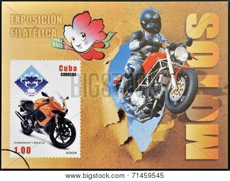 CUBA - CIRCA 2009: A stamp printed in Cuba dedicated to the motorbikes shows Hyosung Gt 125