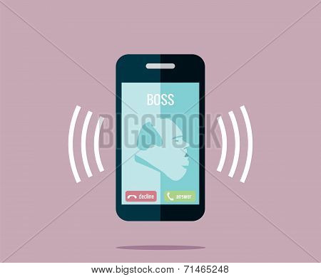 Boss is calling on the phone - vector drawing of a ringing mobile phone with a fat boss.