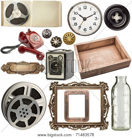 Various vintage objects collection on white background