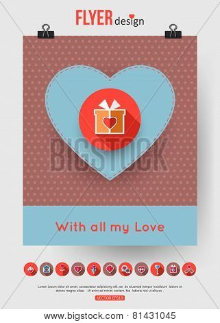 Valentines Day brochure template and set of flat valentines day icons. Abstract typographical flyer