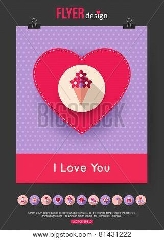Valentines Day brochure template and set of flat valentines day icons. Abstract typographical flyer