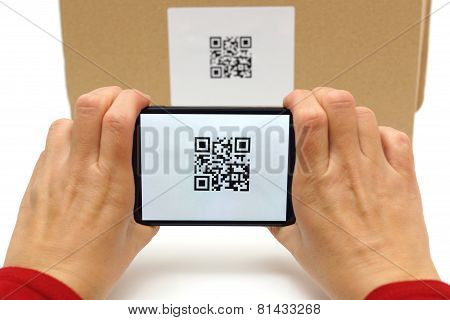 Woman Scan Qr Code On Box
