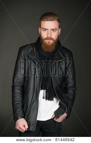 Casual man with beard wearing leather jacket