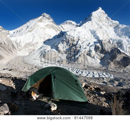 Everest, Lhotse And Nuptse With Tent
