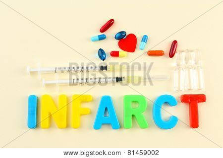 Medicines with word Infarct on colorful background