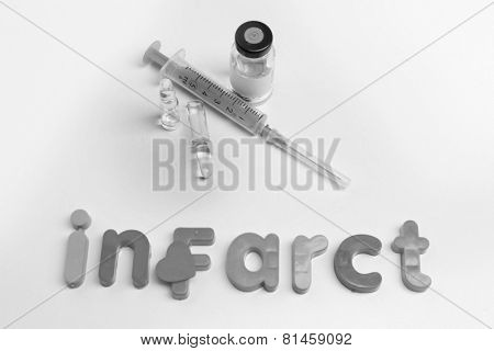 Medicines with word Infarct on white background