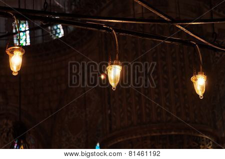 Light bulbs in iterior of Blue Mosque in Istanbul, Sultanahmet Mosque