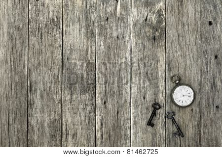 Decorative Composition With Old Pocket Watch And Rusty Keys.