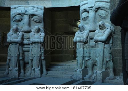 LEIPZIG, GERMANY - FEBRUARY 16, 2014: Guards of the Dead by German sculptor Franz Metzner seen in the crypt of the Monument to the Battle of the Nations (1813) in Leipzig, Germany. 