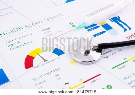 Health Condition Score Report. Stethoscope On Medical Background.